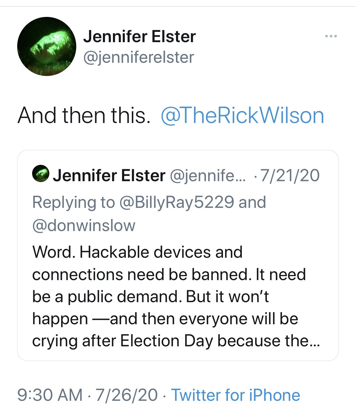 Jennifer Elster and Rick Wilson_Hackable Devices need be banned_#ProtectOurVote2020 Nonpartisan Peace.jpg