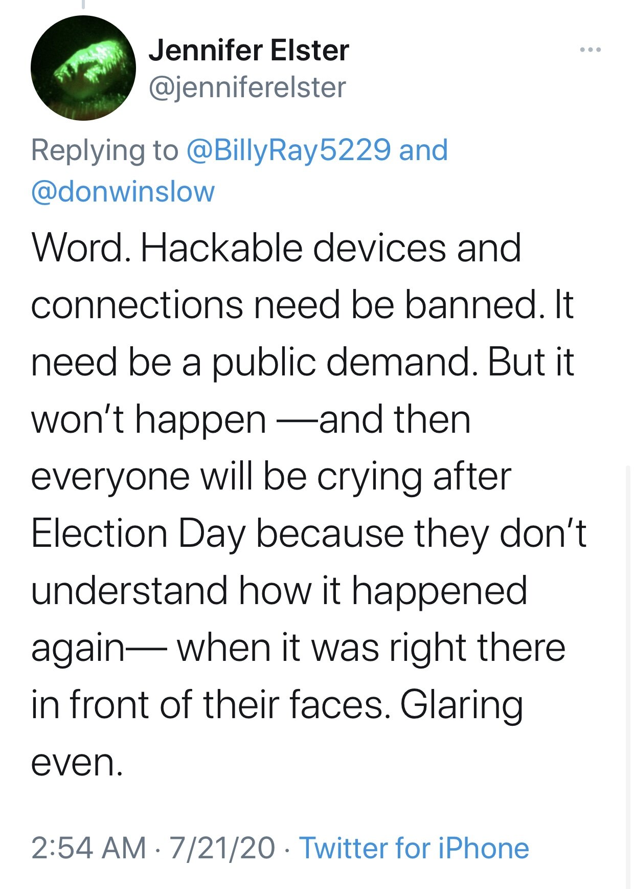 Jennifer Elster_Hackable Devices and Connections Need be Banned_#ProtectOurVote2020 Nonpartisan Peace.jpg