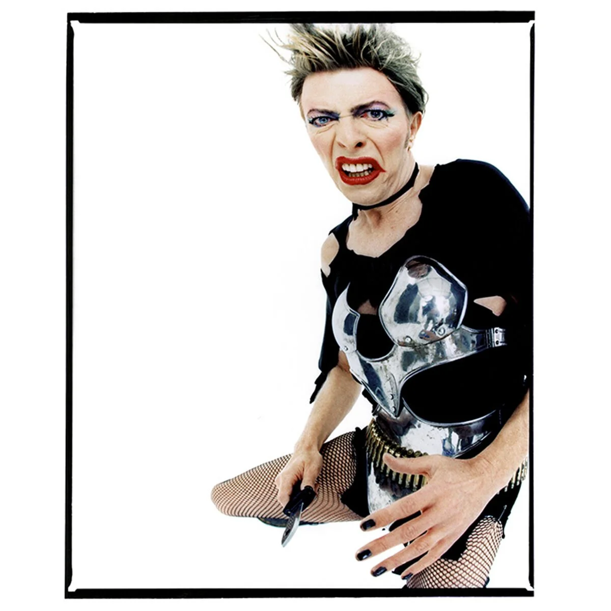 David Bowie styled by Jennifer Elster for 1.Outside album 1995 in London, on view at The Development Gallery in Tribeca avant garde 90s fashion music 