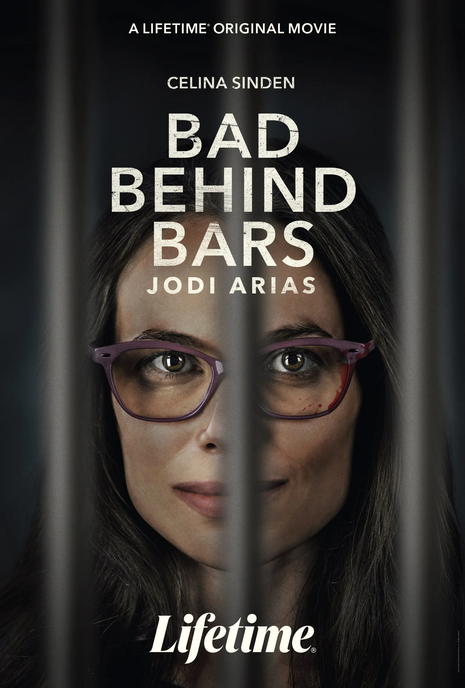 A movie poster for 'Bad Behind Bars' featuring Celina Sinden and Jodi Arias, showing a woman with one eye visible through prison bars, wearing glasses, with the Lifetime logo at the bottom.