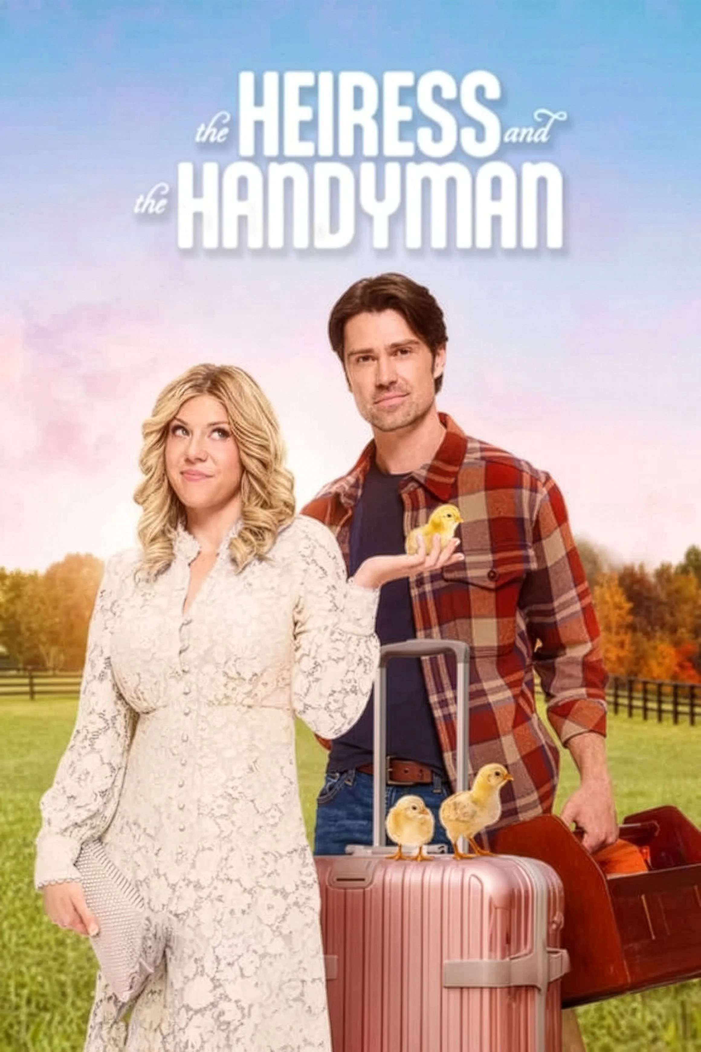 The cover image for the TV show 'The Heiress and the Handyman' featuring a man and woman standing outdoors on a farm with a pink suitcase and several ducklings, with a background of trees and a fence.