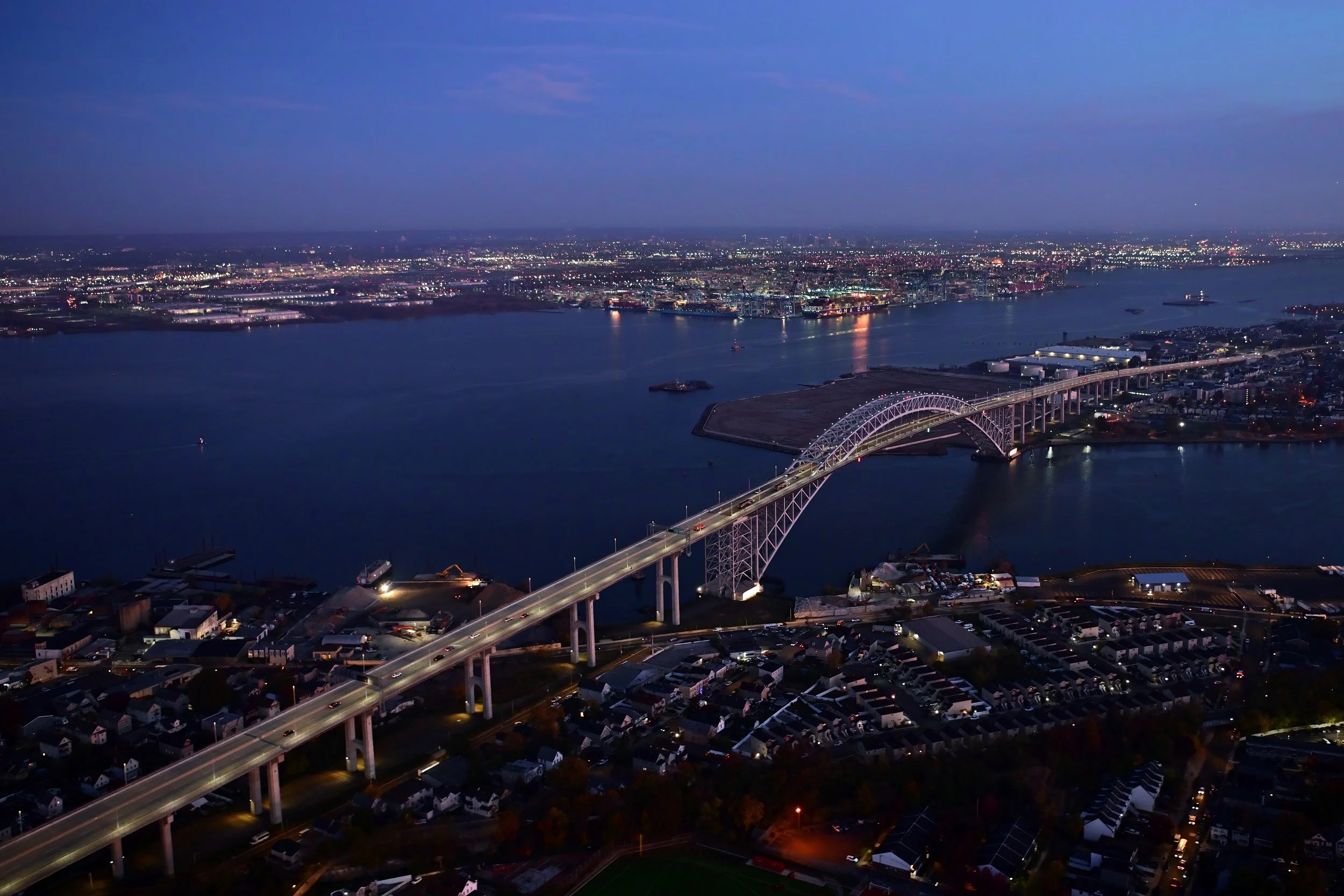 Aerial view of Bayonne bridge at dawn