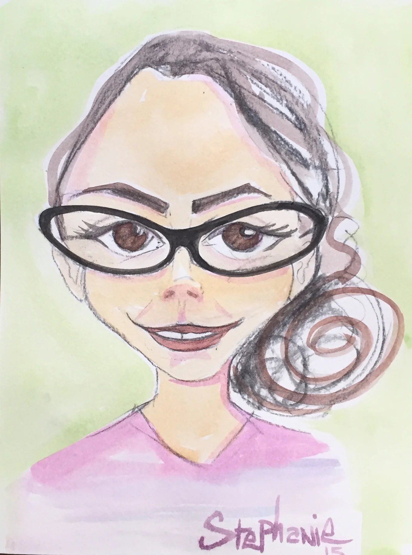 Self-portrait in Pink V-neck, 2015. Charcoal and watercolor.
