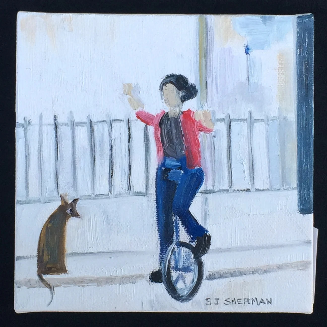 Self-portrait on Unicycle, 2015. Oil on canvas.