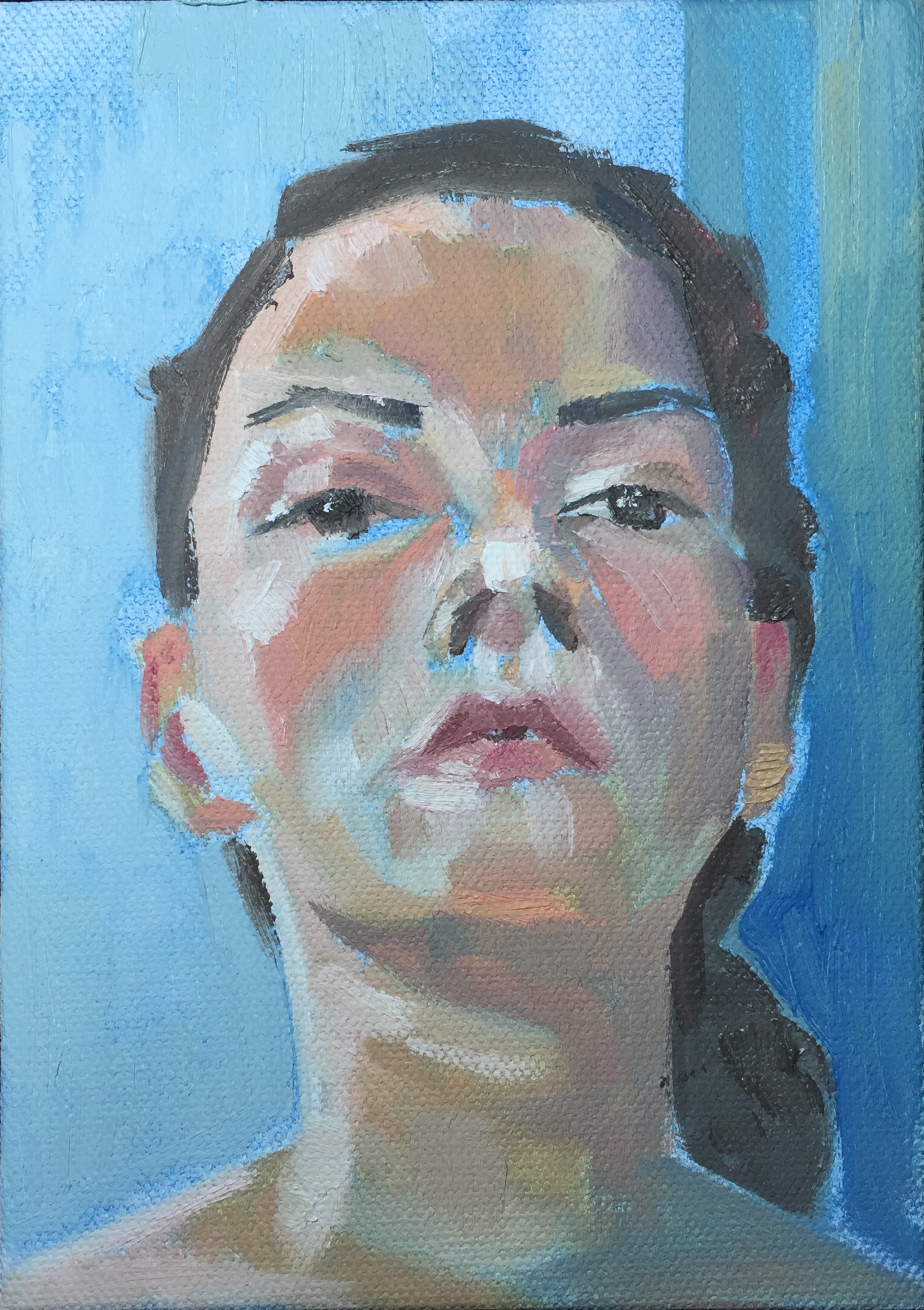 Self-portrait on Blue, Approaching 40, 2015. Oil on canvas.