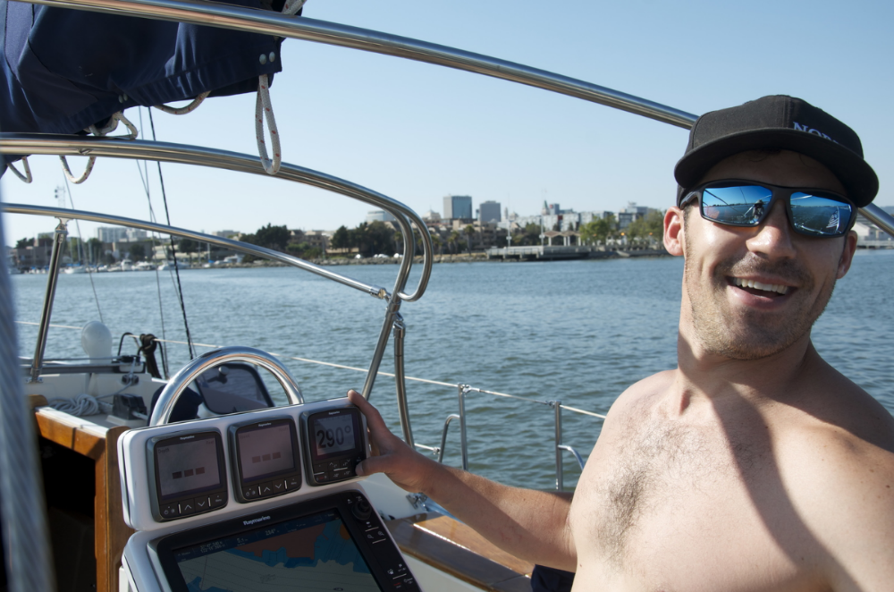 Dominic grins as the autopilot works for the first time.