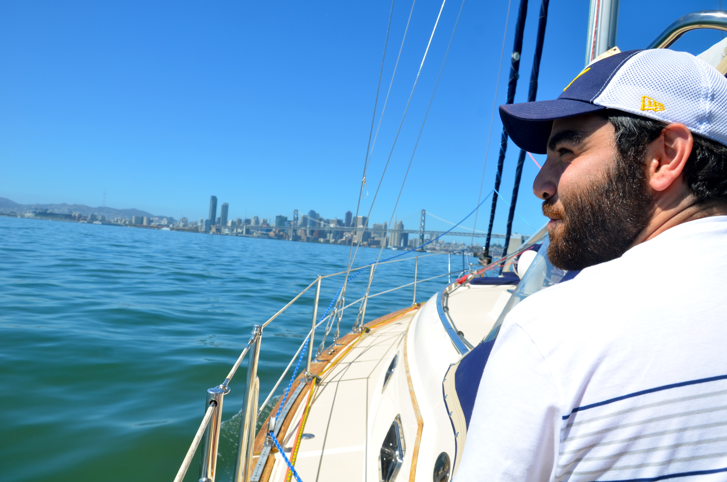Shawn enjoying the view as we approach the city front.