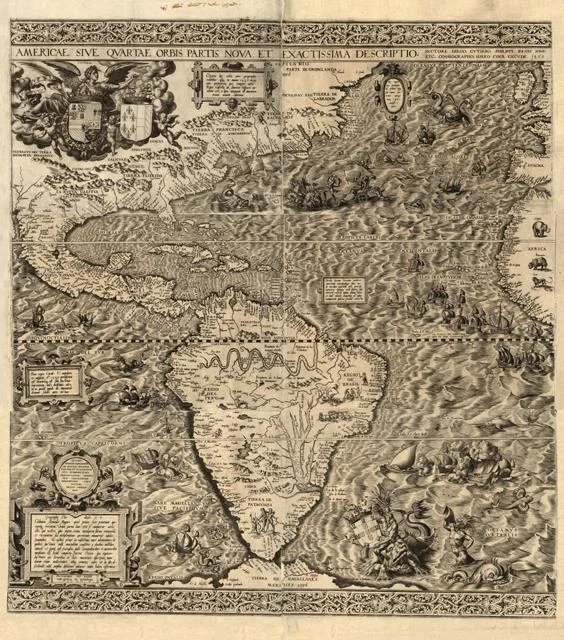 Here we have a map of the New World by Diego Gutierrez circa 1562. The image is a bit difficult to see here, but if you follow this link to see scanned sections you find not only multiple sea monsters but also ‘the giants of Patagonia.’ …