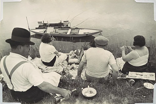 "Sunday on the Banks of the Marne," 1938. Henri Cartier-Bresson.
I would love to see the horizontal plane across the river and glimpse their same view. But alas, our view is limited to their limited scene here, avec le vin rouge and some quiet conve…
