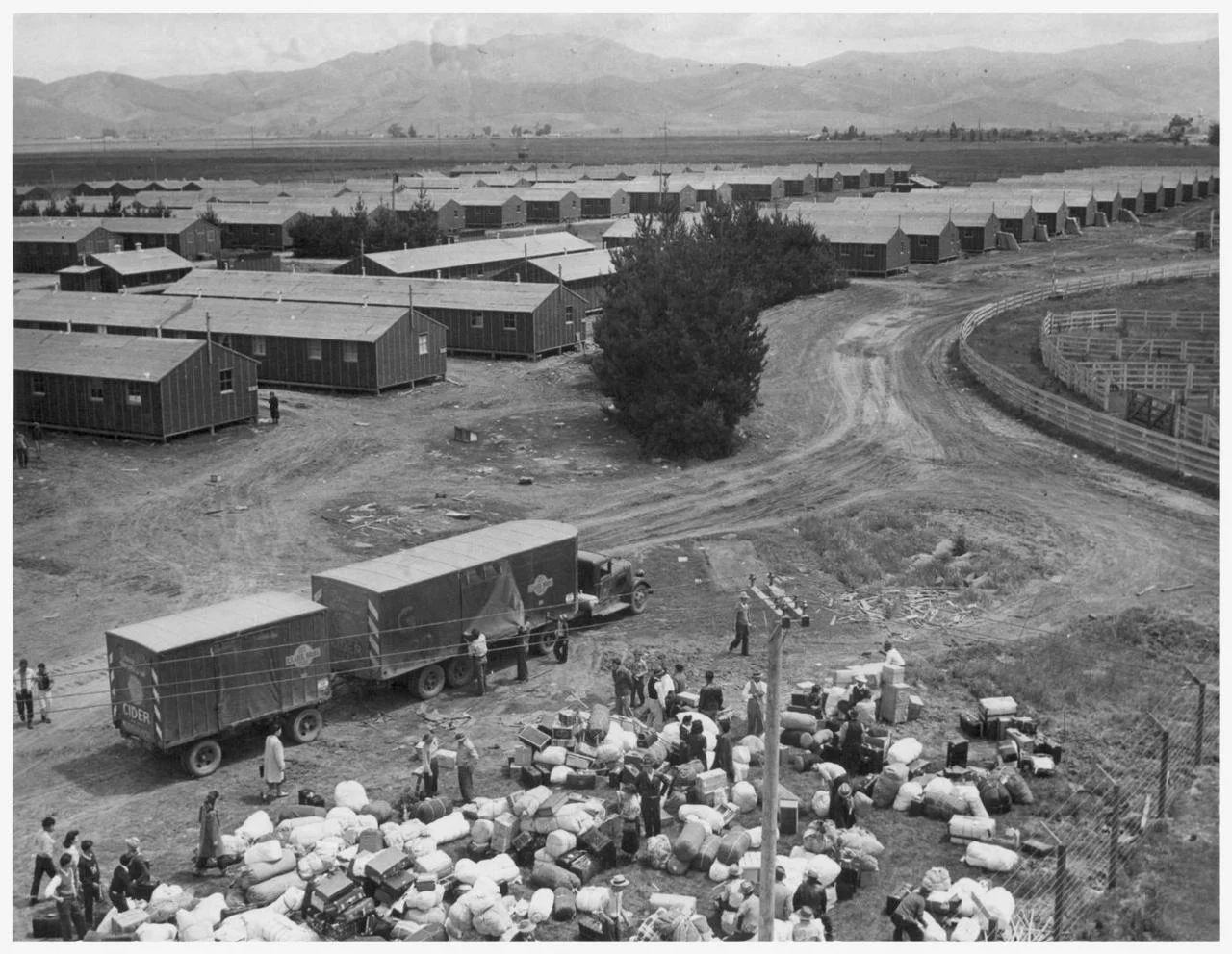 Title:
Bird’s eye view of quarters and baggage at Salinas, California Assembly Center. — Photographer: Albers, Clem — Salinas, California.
Contributing Institution:
The Bancroft Library. University of California, Berkeley.