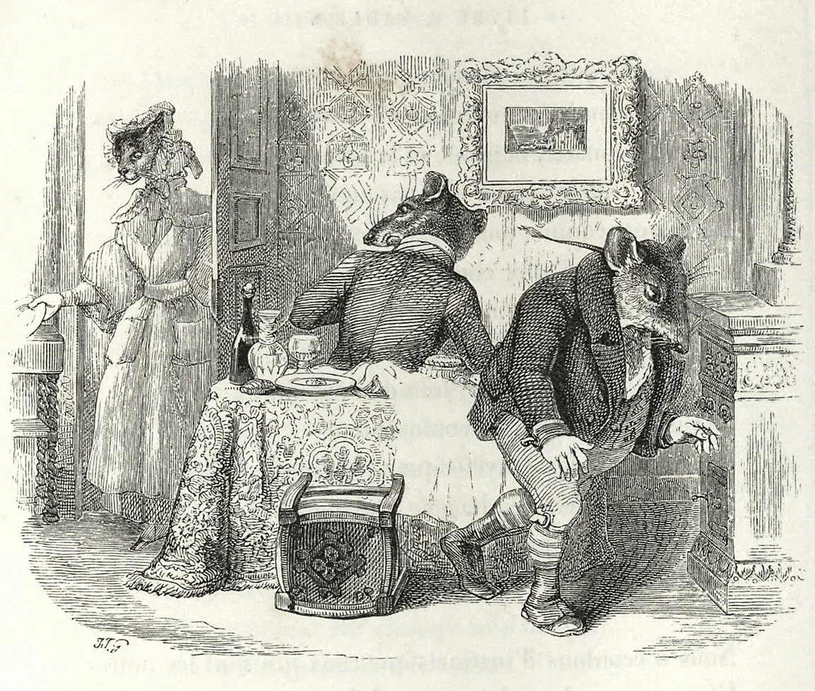 my-ear-trumpet:

oldbookillustrations:

The City Rat And The Country Rat, by JJ. Grandville. From Fables de La Fontaine book 1, by Jean de La Fontaine, Paris, 1855. Via archive.org