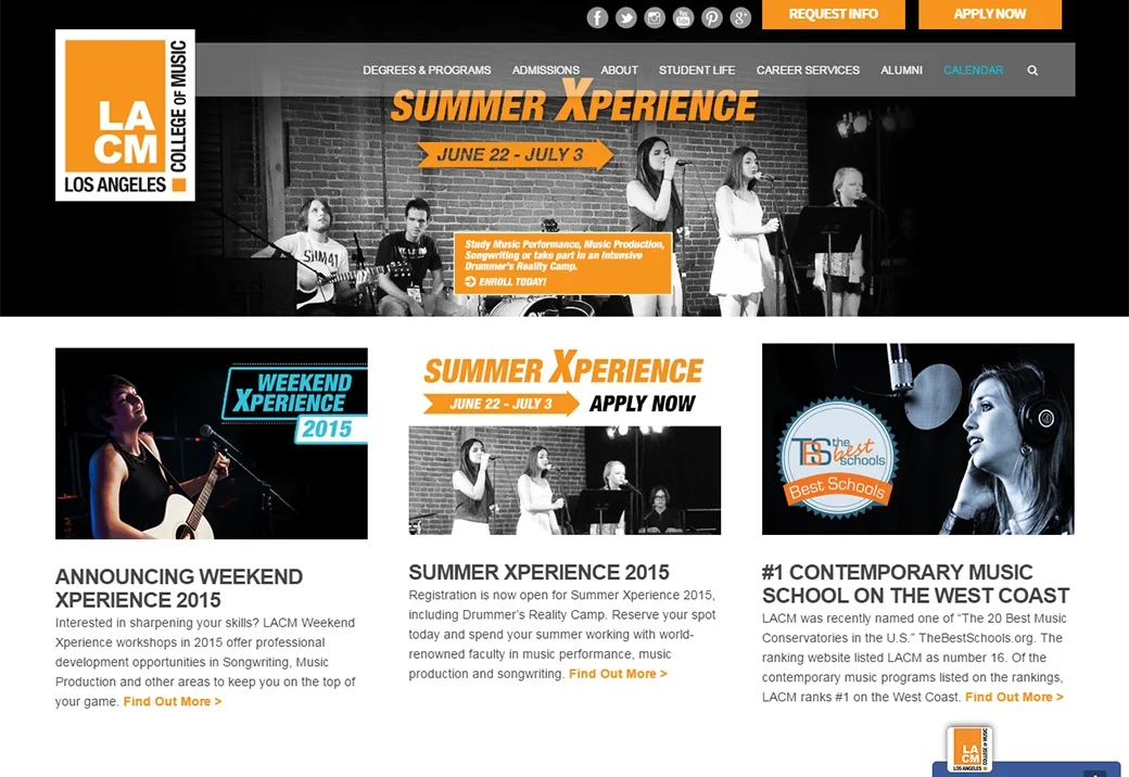 Facilitated a facelift of www.lacm.edu homepage and developed a strategy to update all website content to promote new "LACM Online," "Weekend Xperience" and "Summer Xperience" programs, alongside new brick and mortar programs in Brass & Woodwinds and Music Business. Updated website copy and imagery to more effectively market LACM Bachelor, Associate and Diploma programs. Developed downloadable informational materials to supplement webpage content. Integrated SEO keywords into copy and metadata. Design and web development was facilitated by consultant teams at Plastic Palmtree, Inc and SSD Solutions.