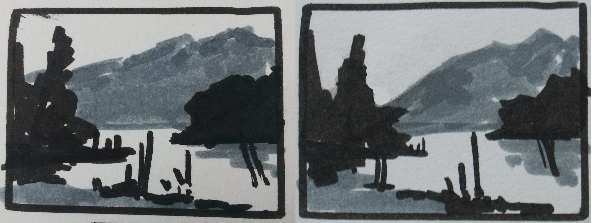 Left: first plan with solid grey hills behind Right: Second plan with light 'V' shape 