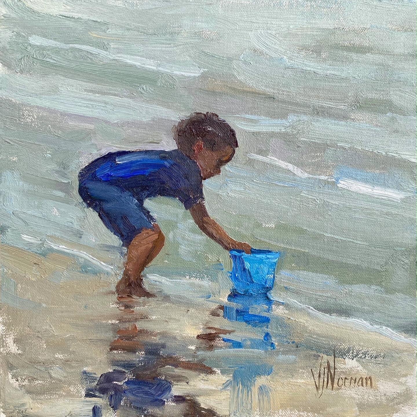 This little chap and his blue bucket brighten up a grey day!  #lovemyjob #painting #beach #boy #blue #arttutuor #oilpaint #traditionalpainting #learntopaint #colormixing #artistsoninstagram #light #paint #fineart #painter #oilpainting #fineart #vicki