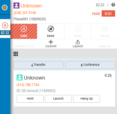Screenshot of a phone call interface showing two ongoing calls; one with an unknown contact and the other with an unknown. The screen displays call options like Hold, Mute, Record, and Hang Up, with timers for each call.