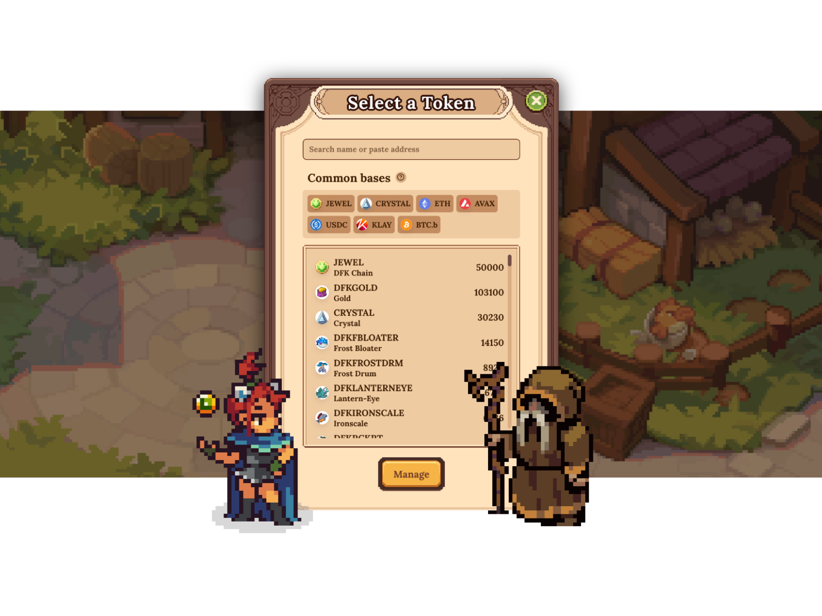 A pixel art video game interface in a fintech web3 blockchain defi platform showing a managing NPC, and a menu to select a token in a trading modal from various options.