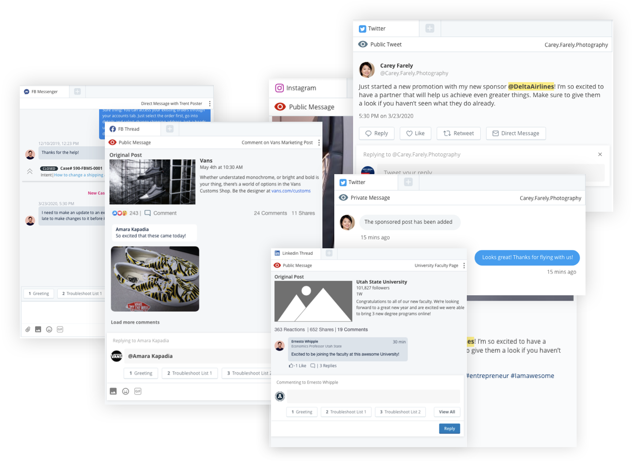 Overlay of multiple social media posts including Facebook, Twitter, Instagram, and LinkedIn, with posts about a new promotion, shoe advertisement, and university faculty announcement.