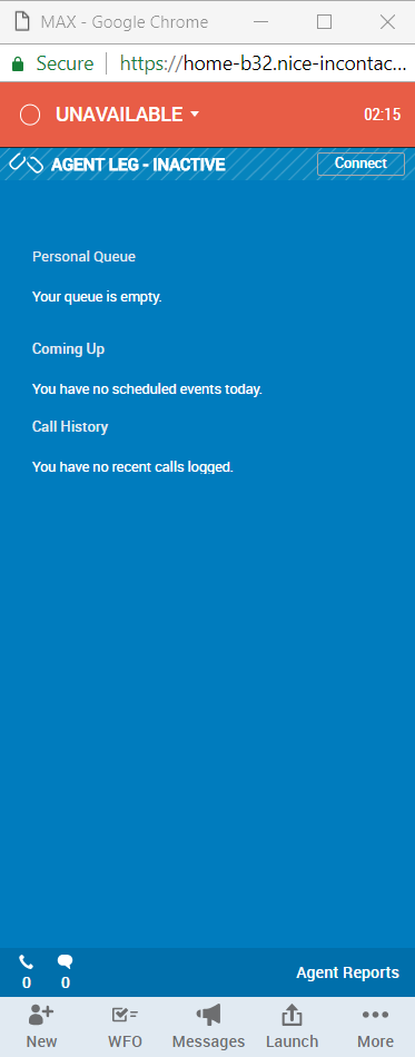 Screenshot of a customer service agent dashboard showing an 'Unavailable' status at the top, 'Agent Leg - Inactive' status with a connect button, and no current activity or calls logged.