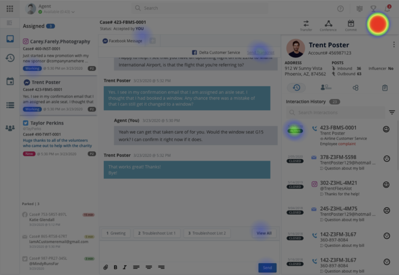 Customer service chat interface with conversation about seat assignment and window seat change, featuring contact details and interaction history.