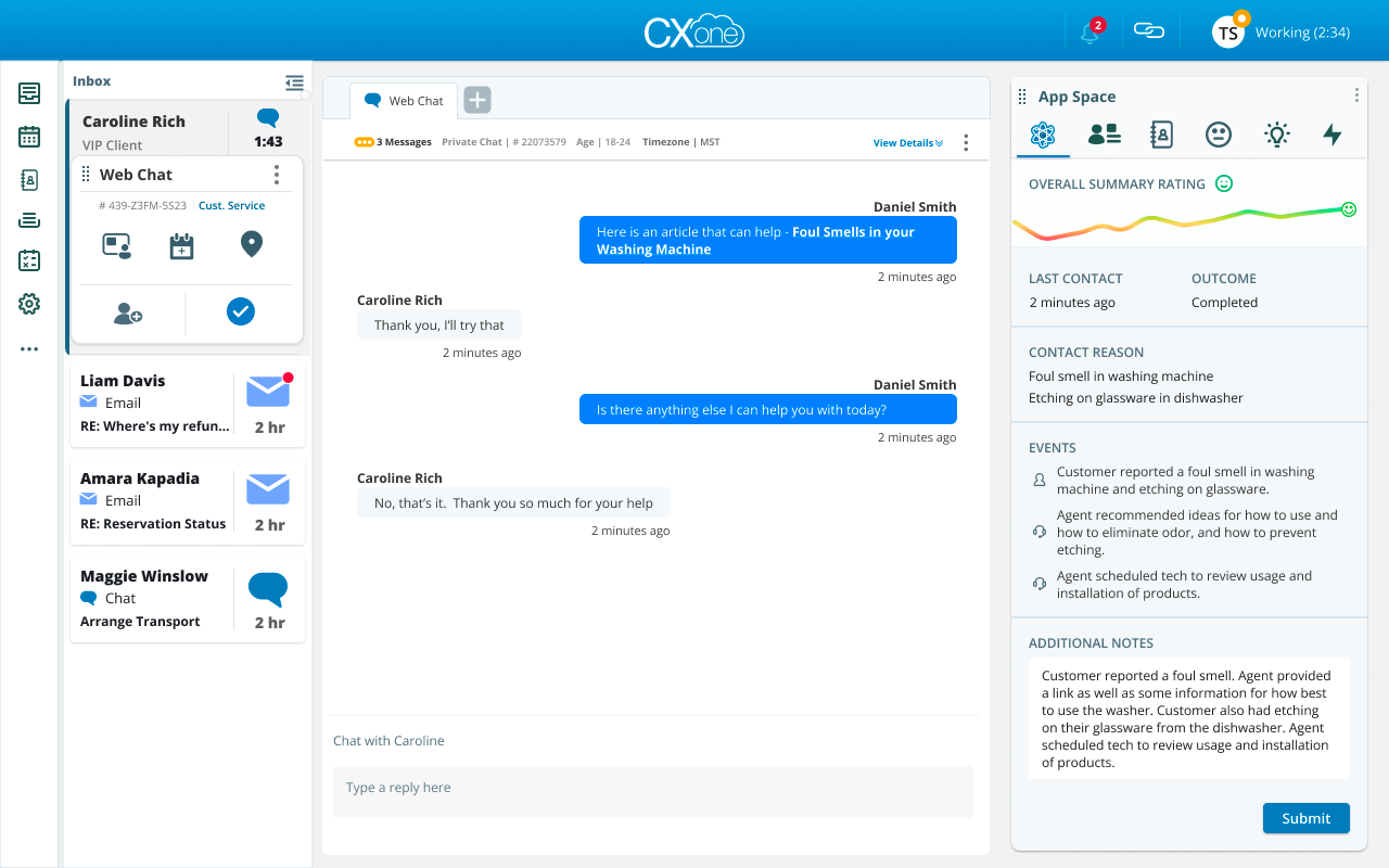 User interface of CXone customer service software showing a chat conversation about a foul smell in a washing machine, with contact details and event summaries on the right.