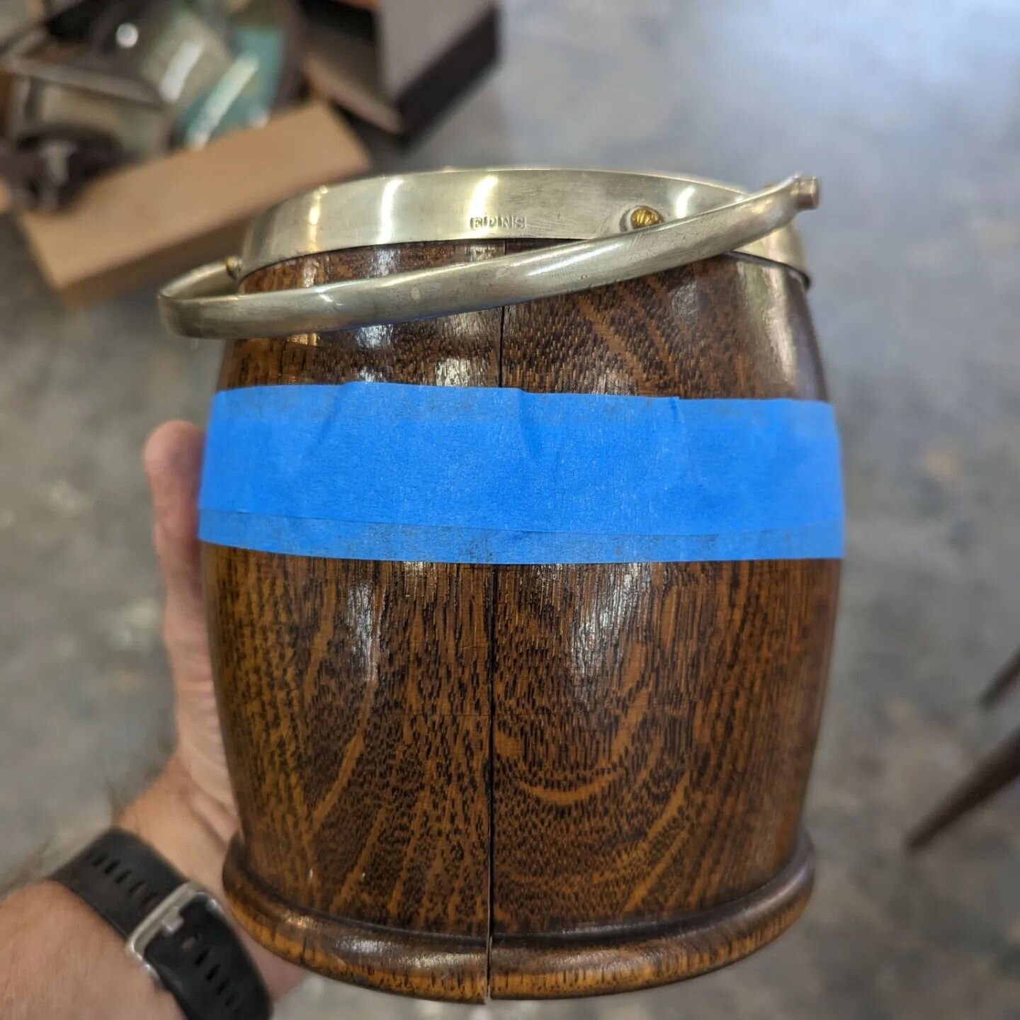 Repair of antique English oak biscuit barrel which retains its original porcelain liner and is banded and decorated with silver plate.

#jeffjohnsonrestorations #jjrestorations #antiques #uk #instacool