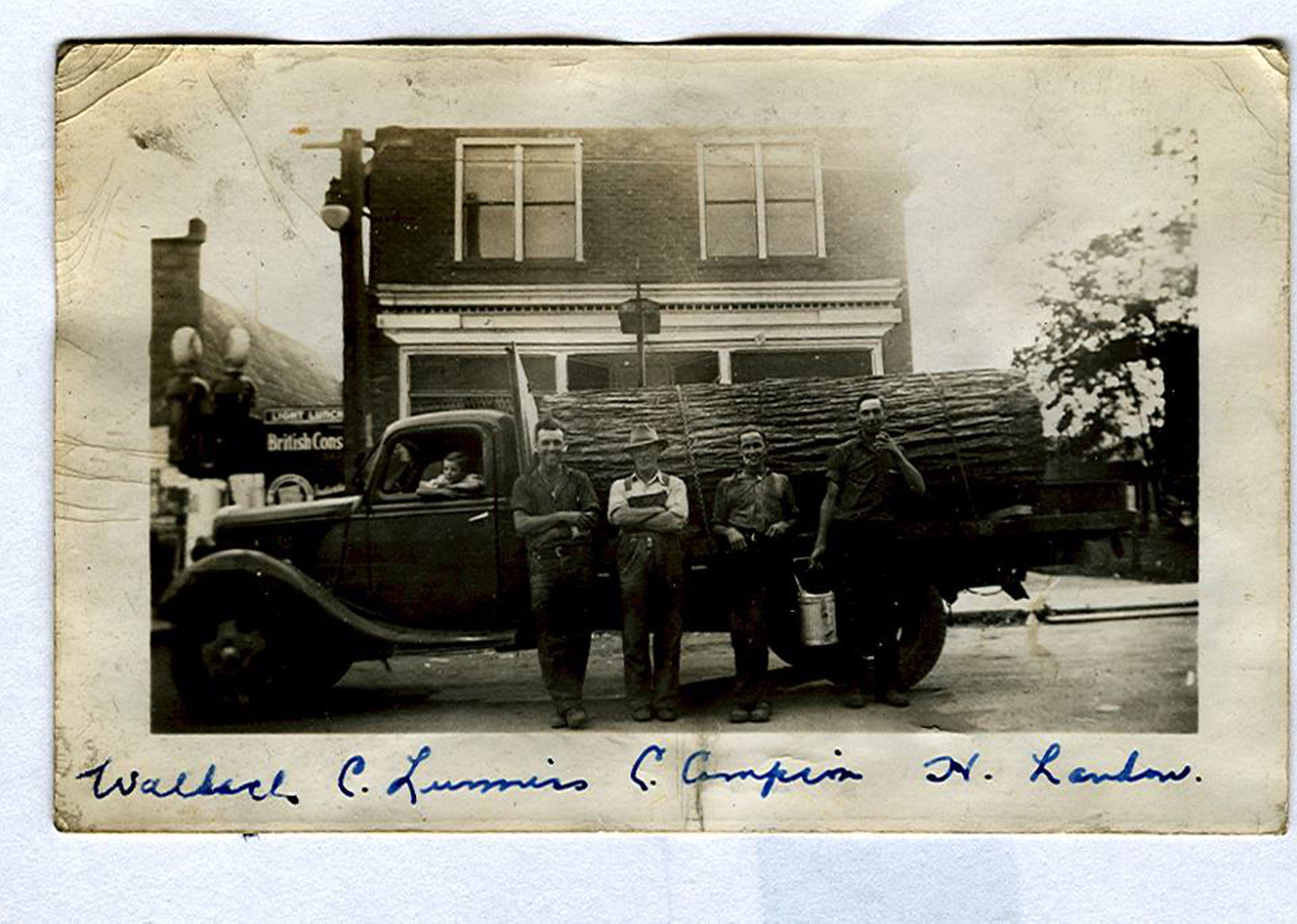 Boy Geo Lummiss, Wallace-Lummiss, C-Campion, H Landon, log to Norwood to make cheese boxes.--1940