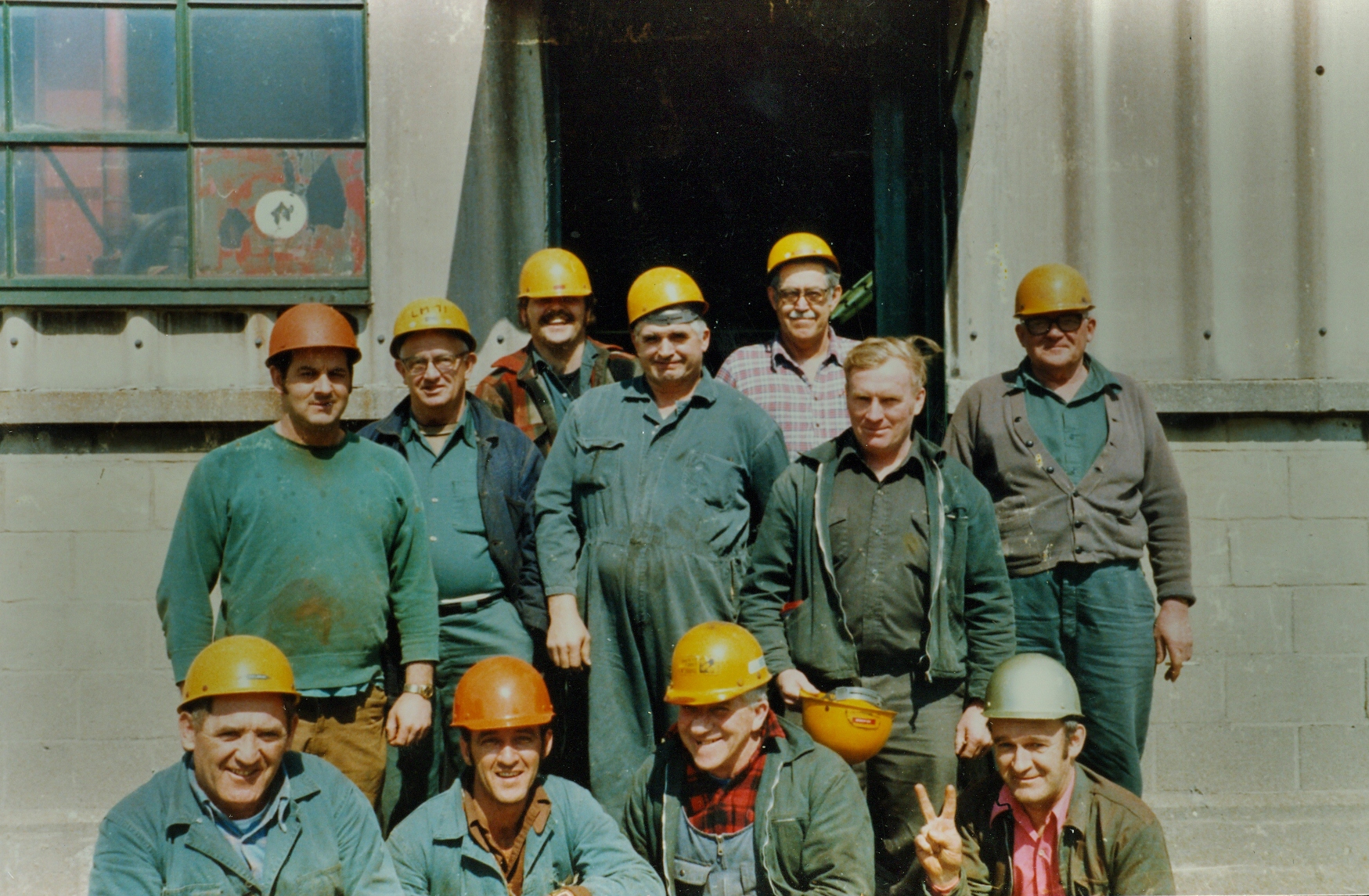Marmoraton Mine workers: Back row: Gord Donaldson, Francis Bosley Robert Young Middle Row: Ron Smith, Charles Campion, Frank Young and Earl Clemenger Front row: Dennis Coleman, Bert Booth, Pete McInroy, and Don Bowen