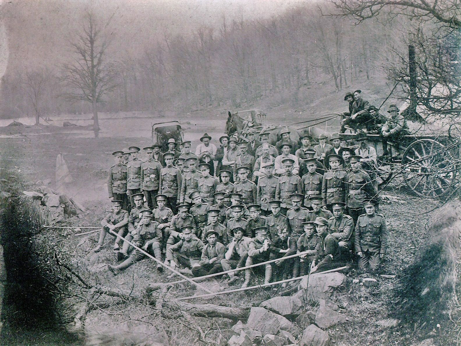 War-soldiers on Crowe River, with Pearce Lumber drivers