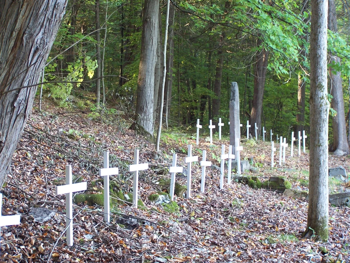 wooden crosses placed on the "suspected" grave sites during a special ontario heritage "open Doors" event, 2005.