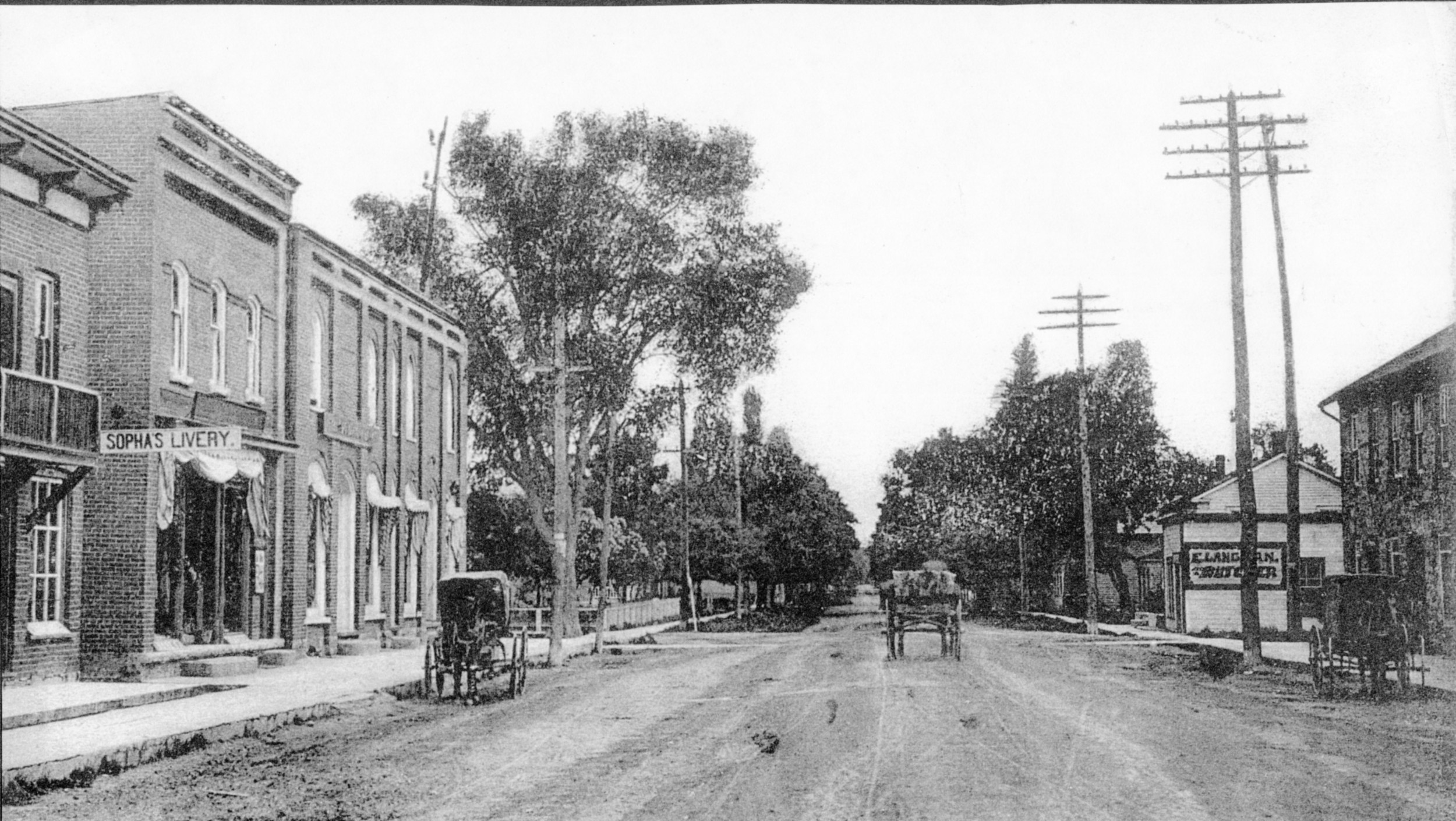 Forsyth Street looking south. On the right is the Langdon Butcher shop, with what is now the #7 higheway passing in front of it, over the wooden sidewalks. The butcher shop was replaced by the Memorial building in 1928.