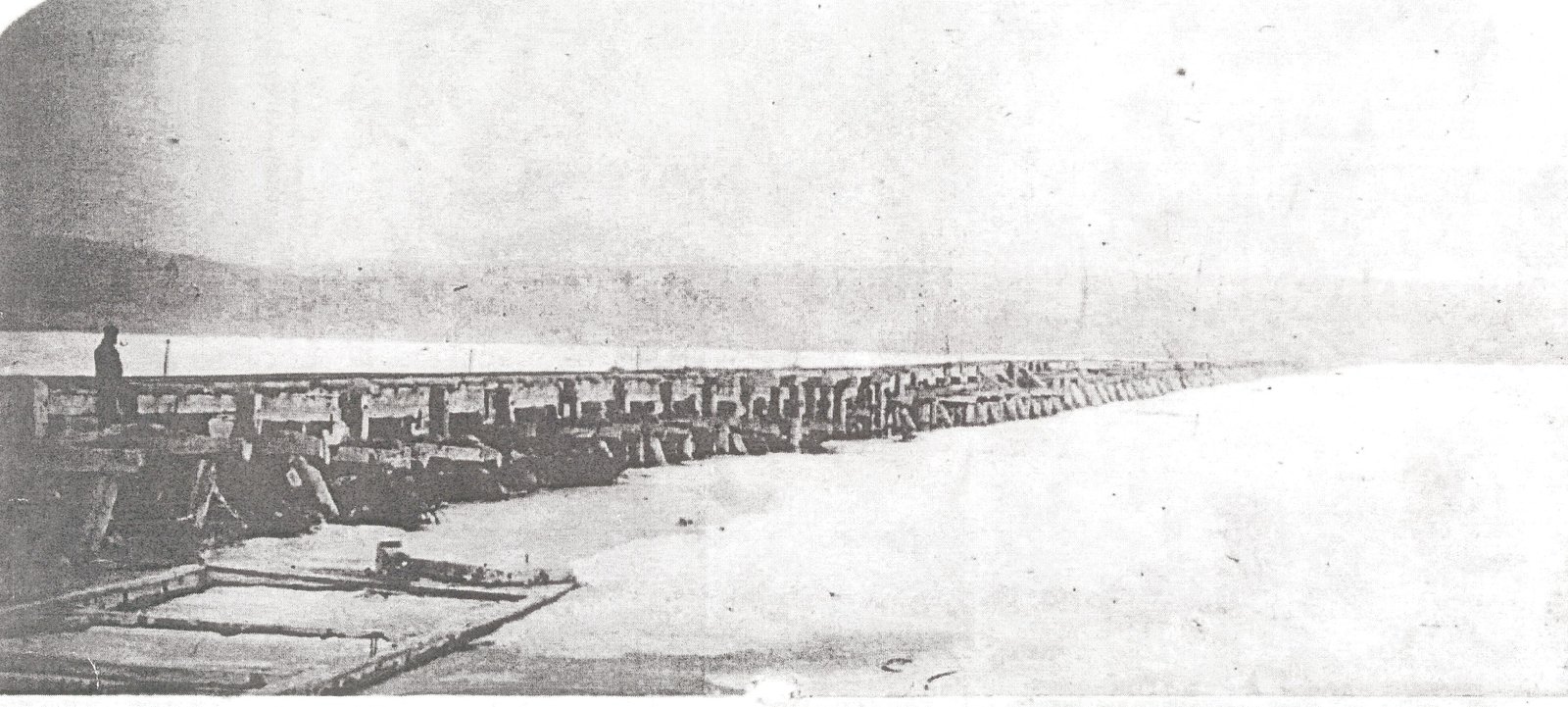 Trestle bridge for railway over Rice Lake from Harwood built in 1852 by the cobourg peterborough railway co. to run from cobourg to harwood and on to hiawatha and peterborough, via tick island. By 1860 it had disintegrated.