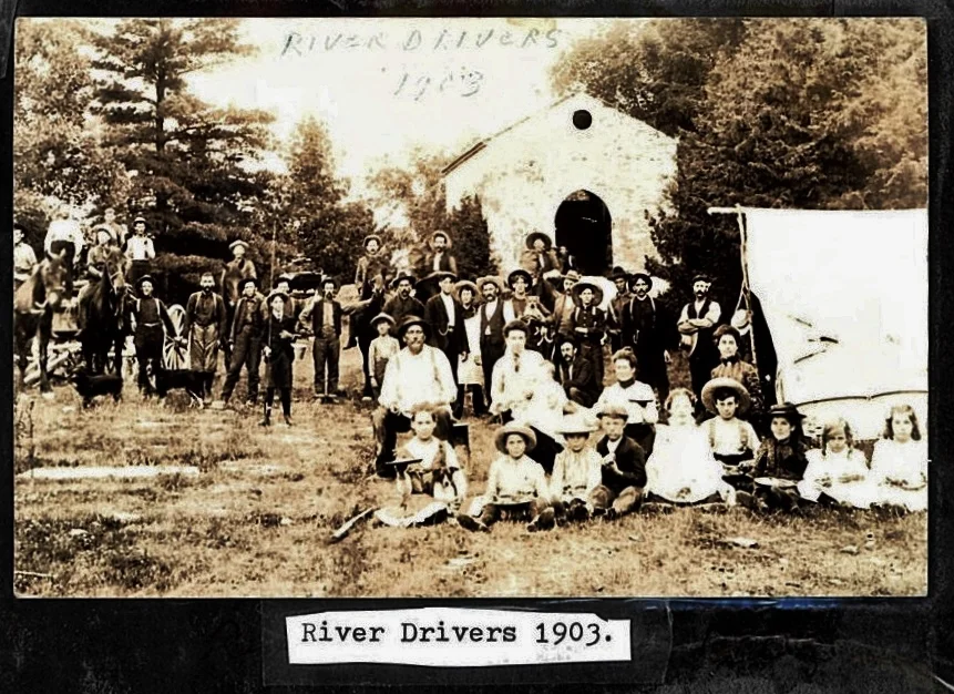 NOTE IN THE BACKGROUND, ST. MATILDA'S CHURCH, CROWE RIVER Marmora herald , june 27, 1907 " Thompson and Co.;s drive of logs is being taken through here this week. The river drivers have pitched their tents on the west bank of the river near the old Catholic Church."