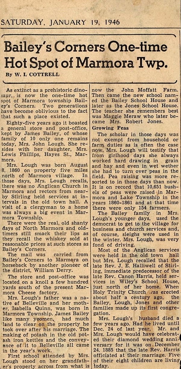 FROM THE FILES OF THE WOMEN'S INSTITUTE - MARMORA LIBRARY James bailey, post master, married Sarah Jones, daughter o Hugh Jones, the reeve of Marmora.