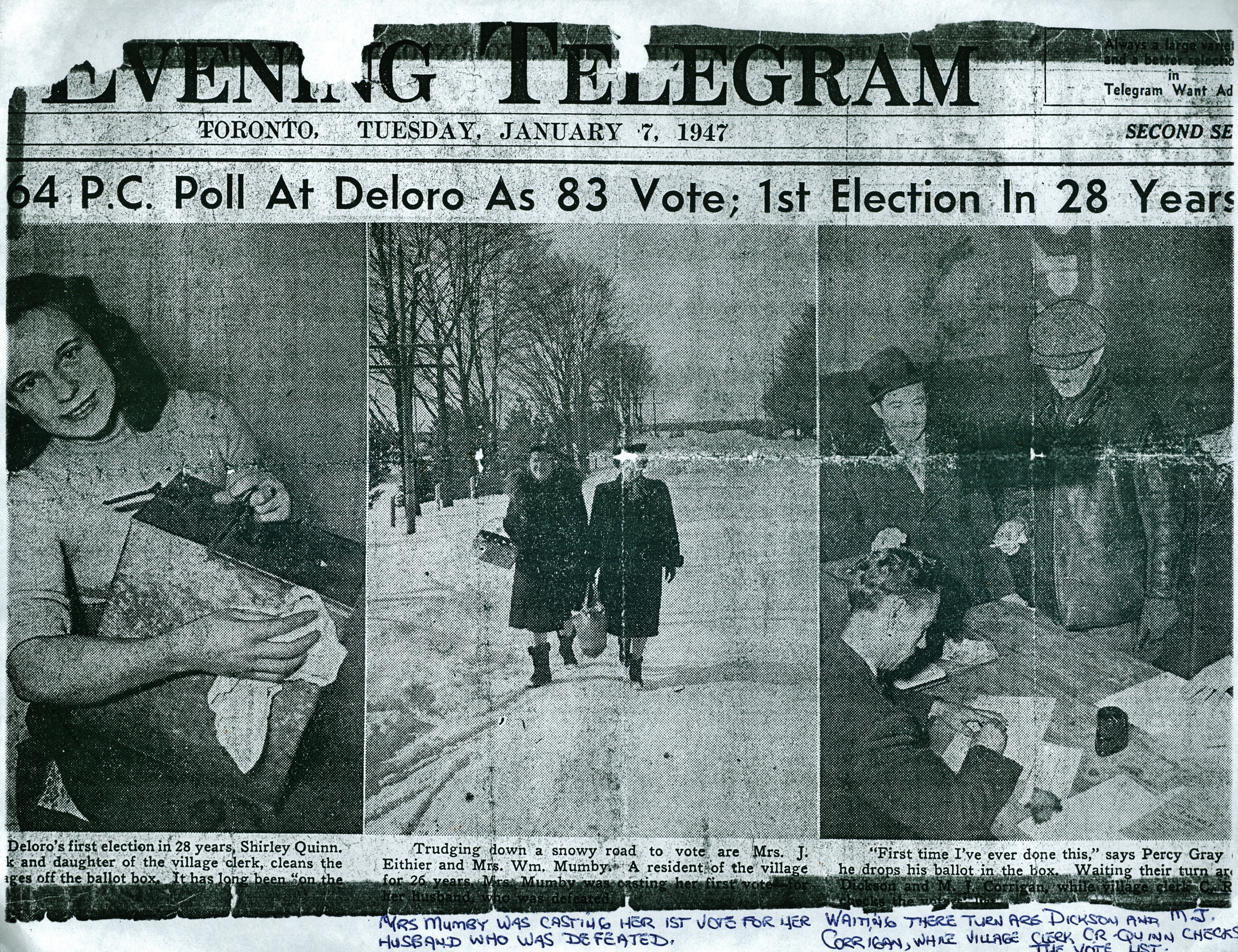 Election in Deloro 1947 S Quinn, Mrs. J. Eithier, Mrs. Wm Mumby, Percy Gray, Dickson, M.J. Corrigan, Clerk C.R. Quinn.jpg