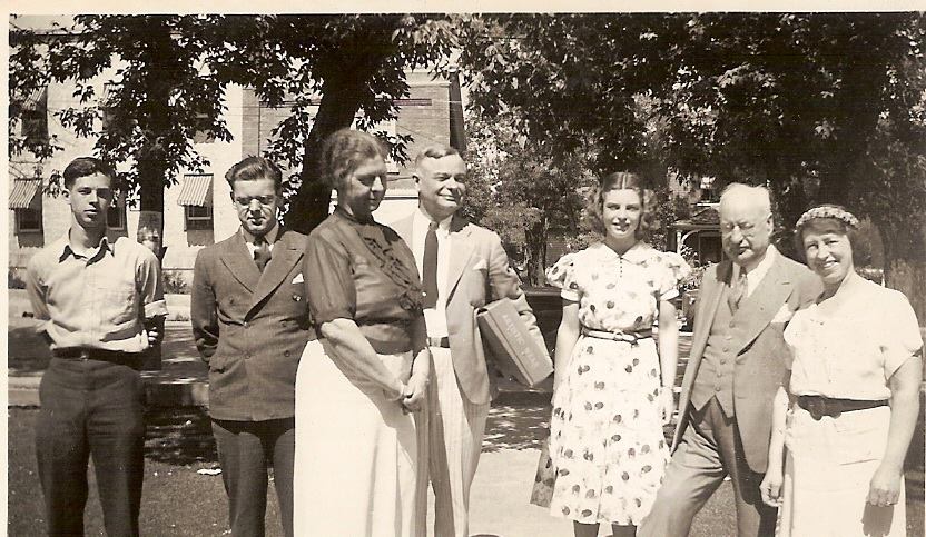 Dr. Crawford (second from right) with Deloro employees. 3rd man from left is R.A. Elliot, Mine Manager.
