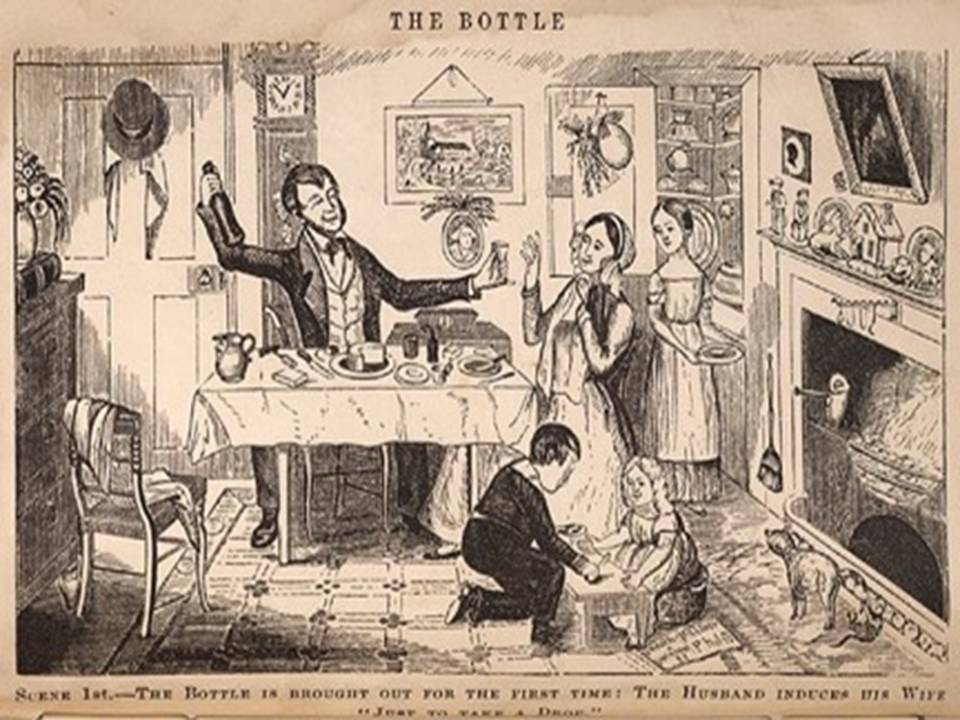 Scene 1 - The bottle is brought out for the first time. The husband induces his wife "just to take a drop"