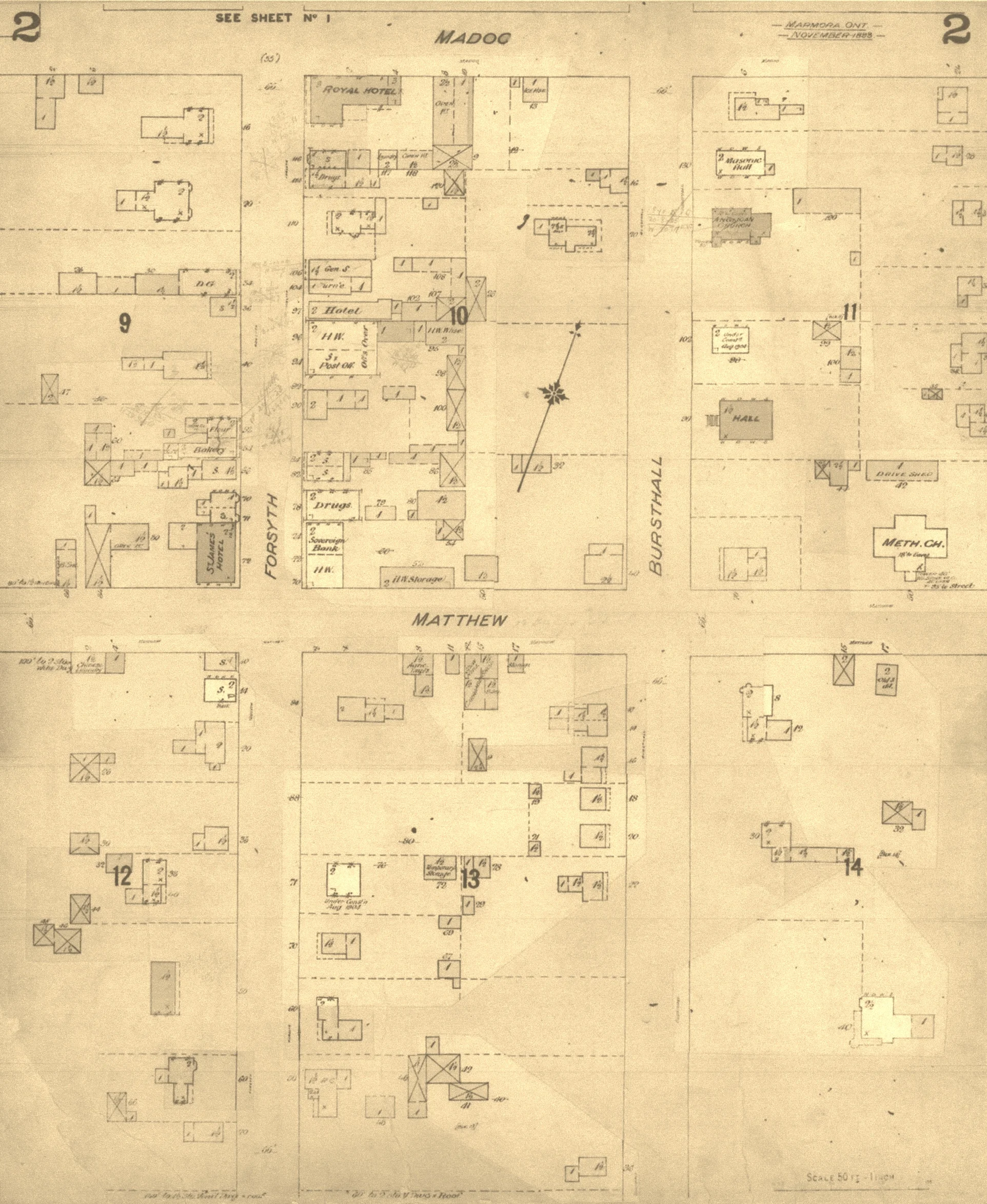 The above map indicates the placing of stores, including the hardware and post office on the site of the present BMR gift shop, and a hotel next door, one of four hotels drawn on the maps.
