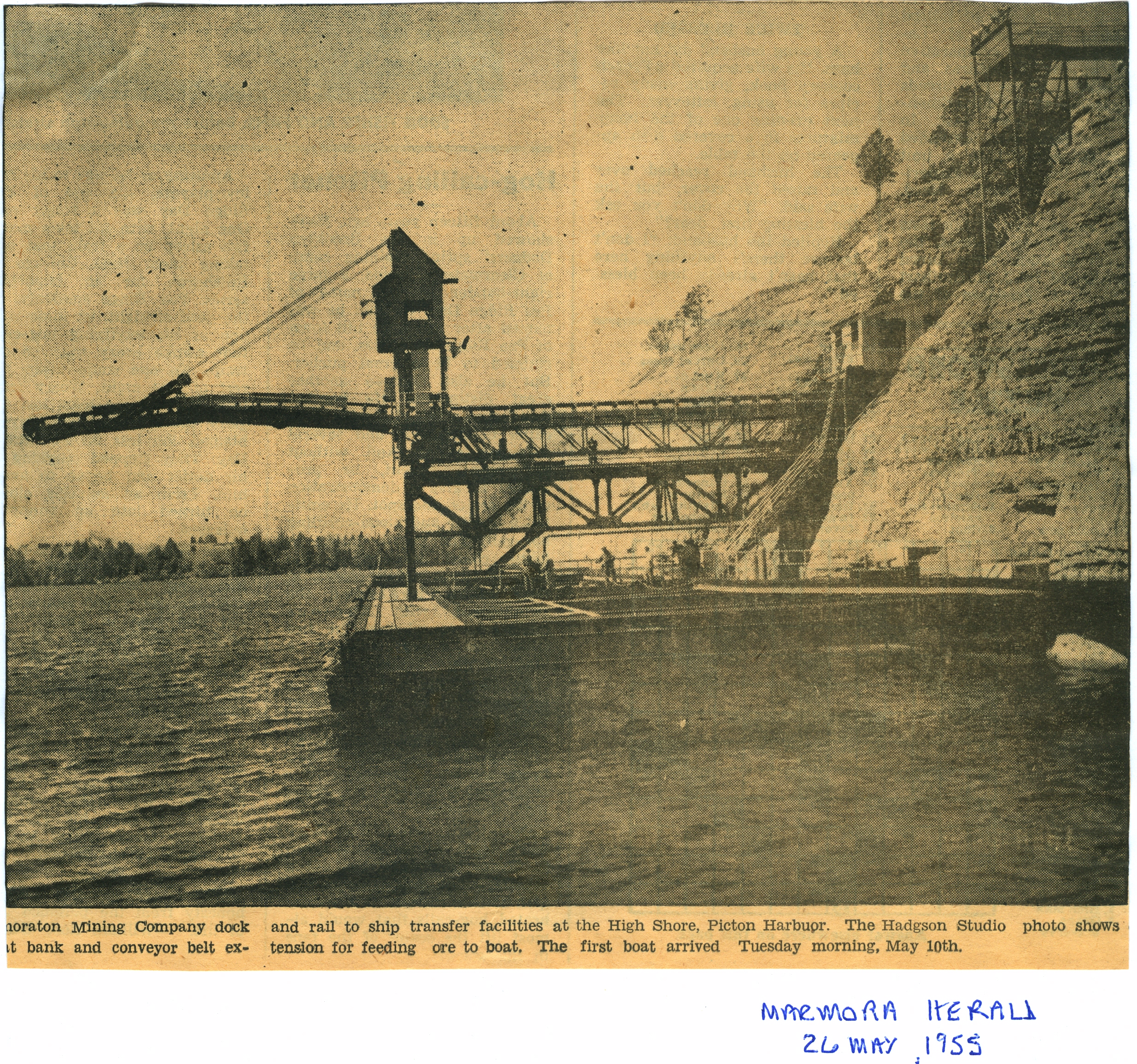 1955 - dOCK AND RAIL AT TRANSFER FACILITIES IN PICTON hARBOUR. PHOTO SHOWS BANK AND CONVEYOR EXTENTION FOR FEEDING ORE TO BOAT. FIRST BOAT ARRIVED MAY 10, 1955