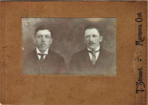 Wilma Bush wrote: LEFT is my great Uncle Pete Connors (brother of my maternal Grandmother Maggie (Connors) Gallagher. Pete married Gertie Cook - they moved to Saskatchewan where they farmed & raised their family! I met him a few times when he returned to Marmora to visit relatives. The Connors family were raised north of Marmora past 'Long Swamp'.