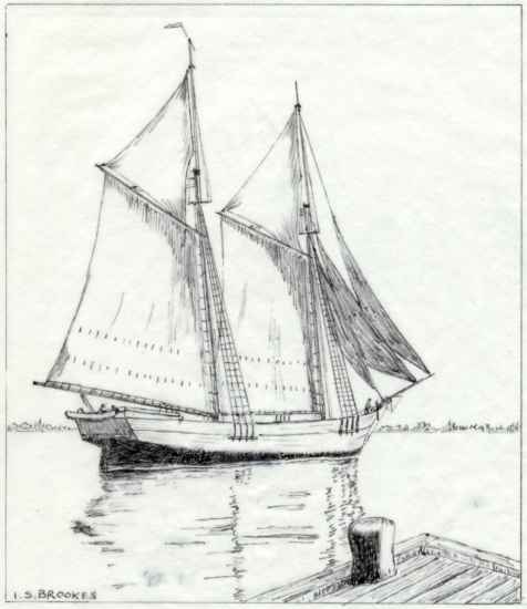 Schooner Trader wind - built in Port Colborne, Ontario in 1853 and burned in a fire in Kingston, Ontario in 1909 Sketch by I.S. Brookes