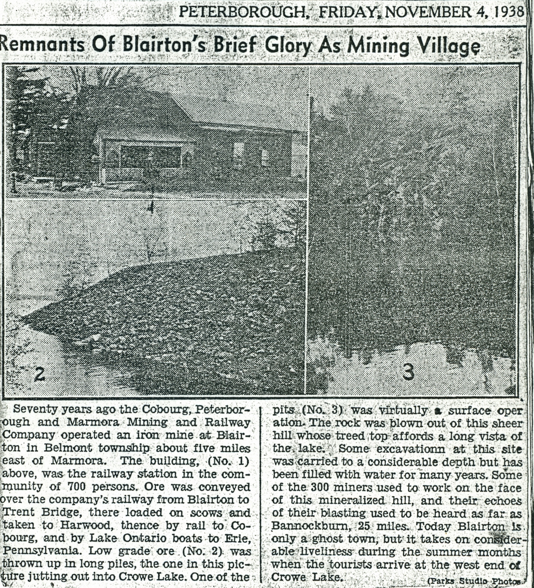 A railway station was built at Blairton, which was served by a branch of the Great North Western Telegraph Co". A few of the last operators were Emma, Annie and Belle Aunger and Lizzie McLaughlin.