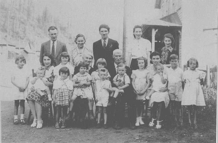 Seated centre, Patrick James Terrion, with James Patrick sitting on his knee. . To his right is his wife Catherine Sarah Legrow. back row second from right Mary Ann Terrion., James Terrion and Catherine Terrion, parents of james, are in the middle of the back row. james’ sister, Betty Terrion (Shipply) is sitting on Patrick's wife's knee.