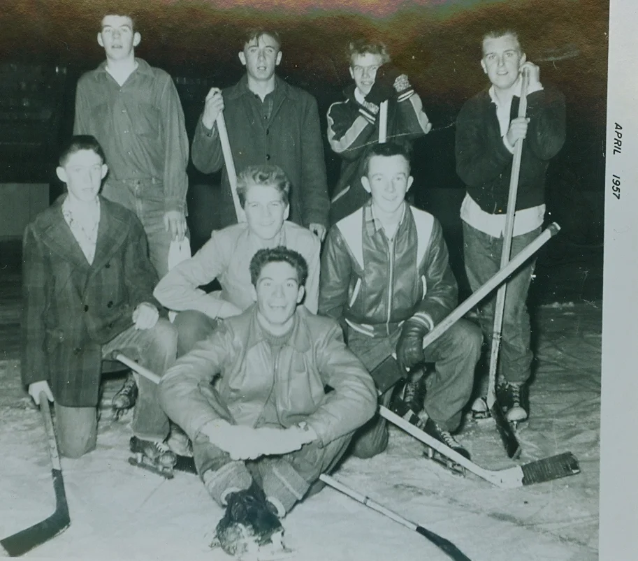 1957-1958 Marmora High School Boys Noon Hockey Champions, back:Harold Maloney ?, ?, Gord UniackE middle row l to r ?, ?, Gary Kelly Jack front and centre