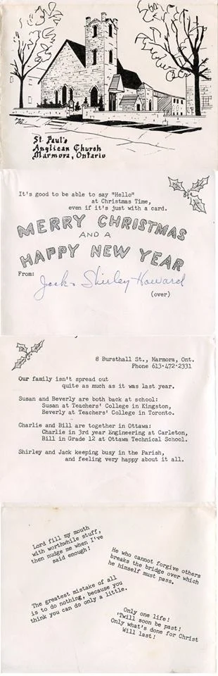 Received from Dan Delong: - St Paul's Anglican Church in Marmora - drawing on a Christmas card from Minister Jack Howard, who had earlier ministered at St George's Anglican in Hastings.