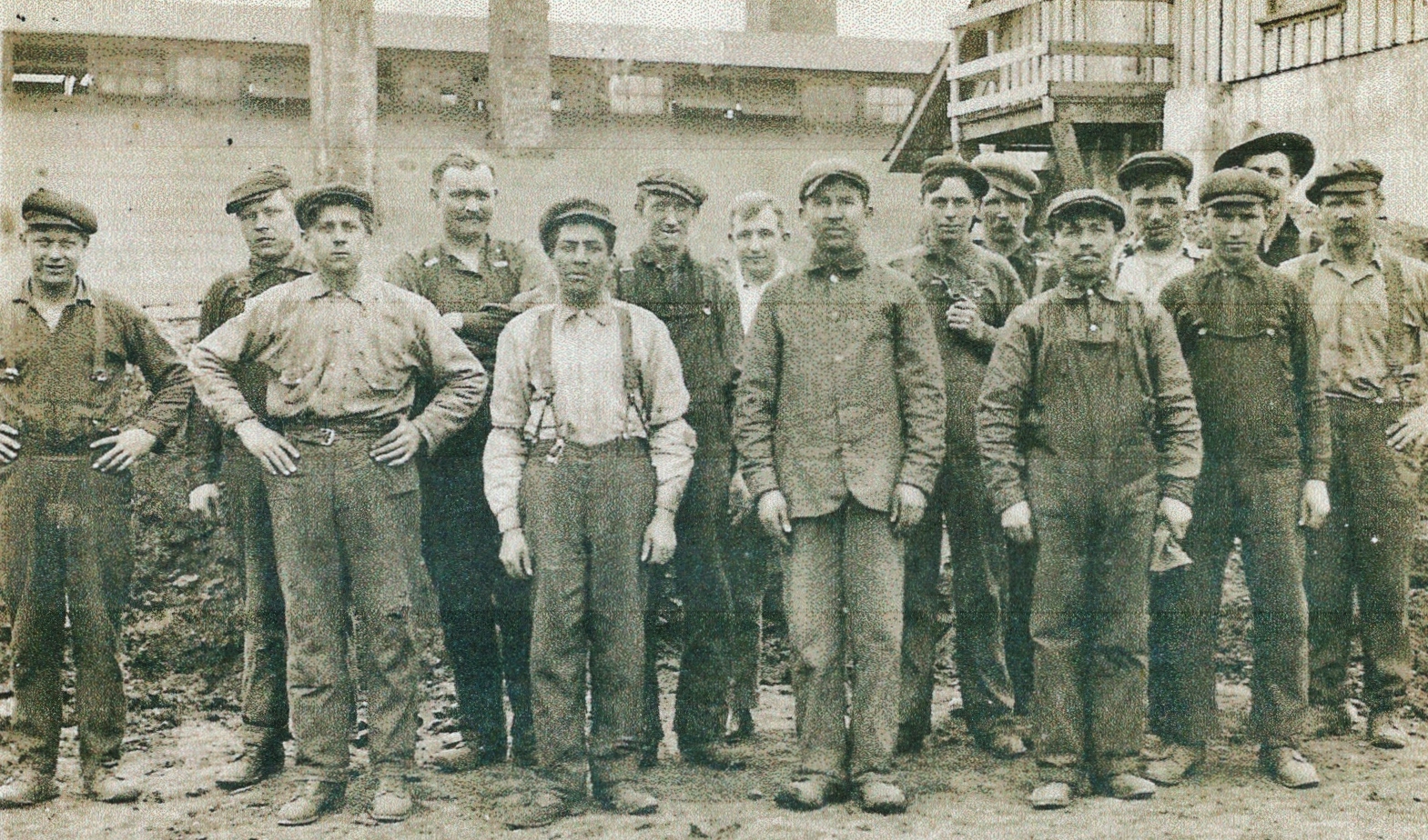 Harry Smith Sr. with workers at Deloro Stellite & Refining Co., circa 1914, together with a picture of two of Harry Smith's brothers, William and Jack, joining him in Deloro c. 1914 and for a short time worked at Deloro Stellite but eventually William settled on a farm in Manvers, ON, and Jack settled in Richmond Hill, ON. Harry Smith, Sr., wearing white shirt with braces.