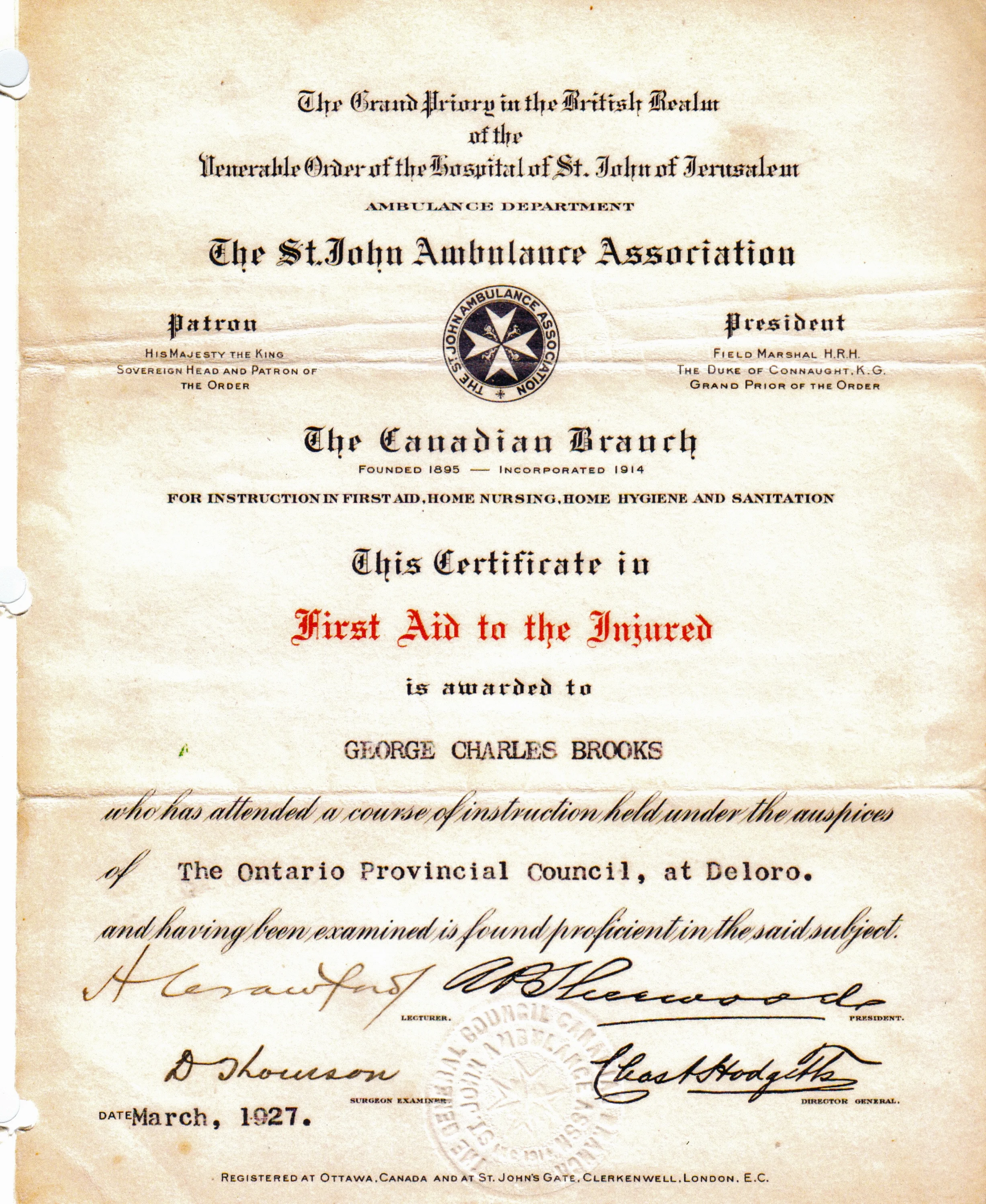 George Brooks, St. John's Ambulance 1927.jpg