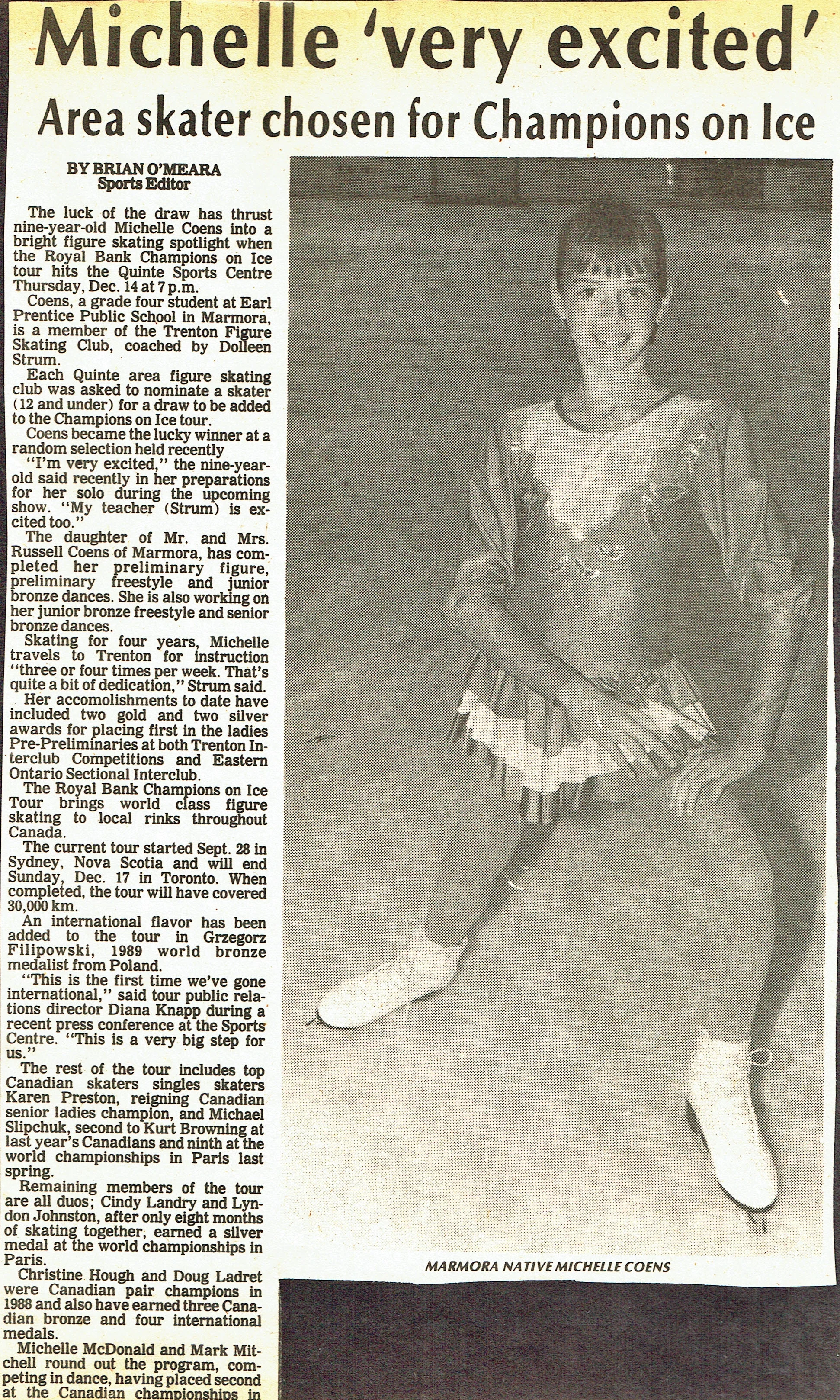Michelle coens, an earl prentice student in marmora, skated with the trenton figure skating club c. 1988