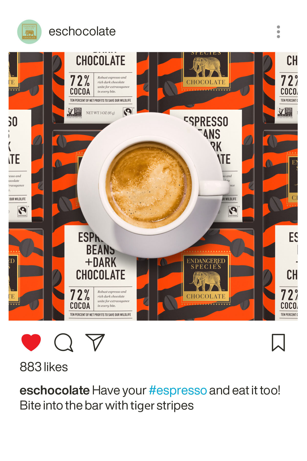 Instagram post of 3D renders of Endangered Species Chocolate's redesigned 3oz dark chocolate Tiger bar laid out in a mosaic pattern with a cup of espresso on top
