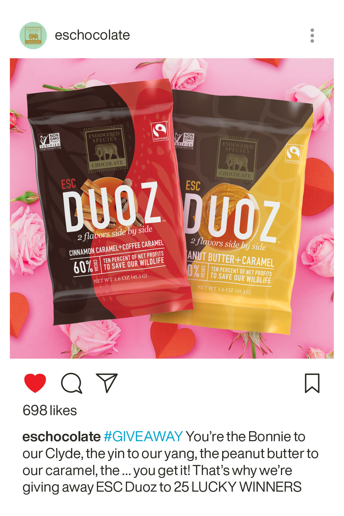 Instagram post of 3D renders of the new ESC DUOZ Butterfly and Giraffe bars surrounded by rose petals on a pick background