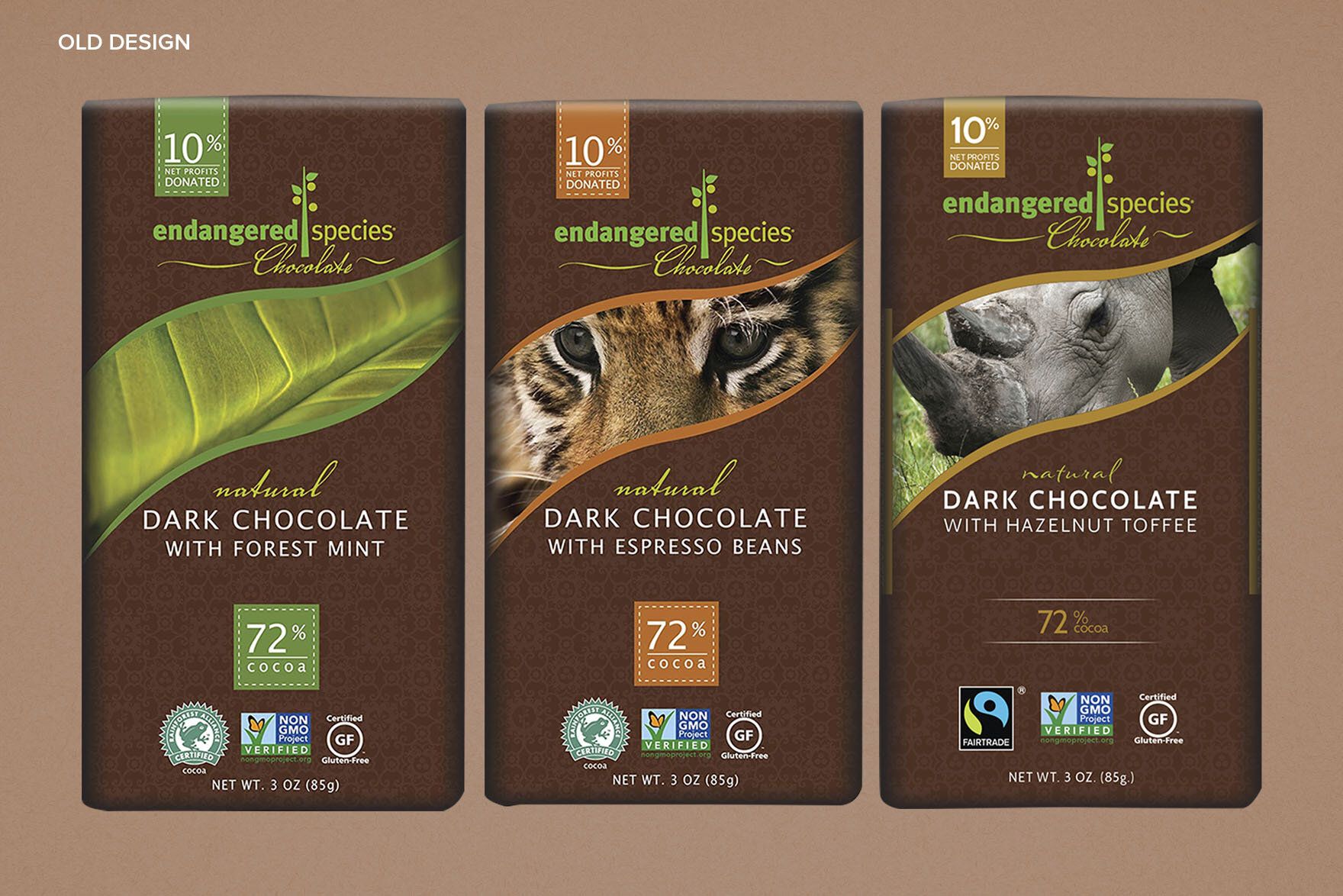 Endangered Species Chocolate's original packaging designs for the 3oz Rainforest, Tiger and Rhino dark chocolate bars